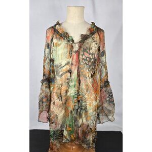 Casual Studio Sheer‎ Floral Boho Tunic  Ruffle Neckline Sleeves  M Rayon India